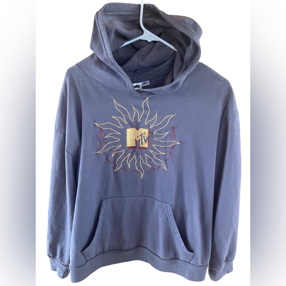 Vintage MTV Sun Logo Gray Pullover Hoodie Sweatshirt XL Fleece Lined Unisex